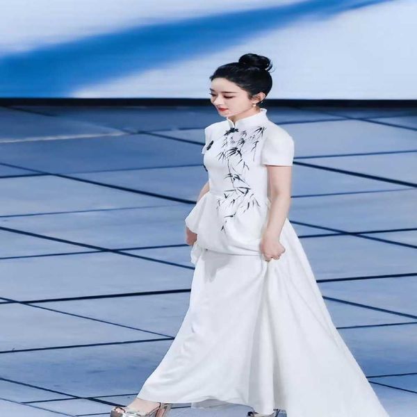 

celebrity same white ink bamboo print short sleeve chinese style long dress women's clothing spring and summer, Black;gray