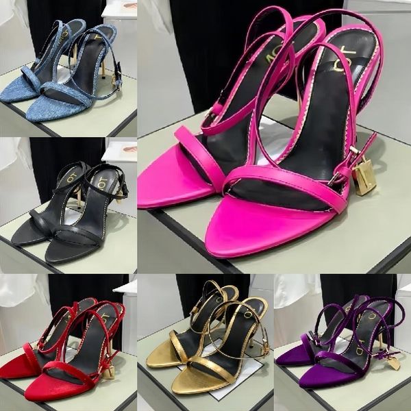 

2023 dress shoes lady sandals tomfords high heels padlock naked sandal luxury brands gold heel shiny nappa leather pointy wedding party dres, Black