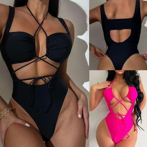 

one piece swimsuit womens lace up cutout backless bikini, White;black