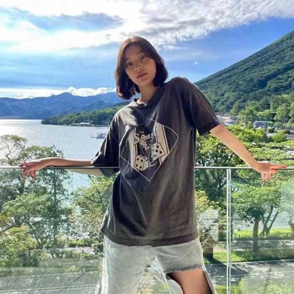 

0uje new style t-shirts for men and women fashion designer saint michael washed old dice print vintage couple round neck short sleeve, White;black