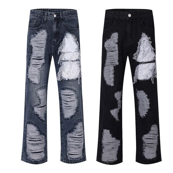 

hole ripped distressed baggy casual jeans pants men's high street straight loose denim trousers cargos, Black