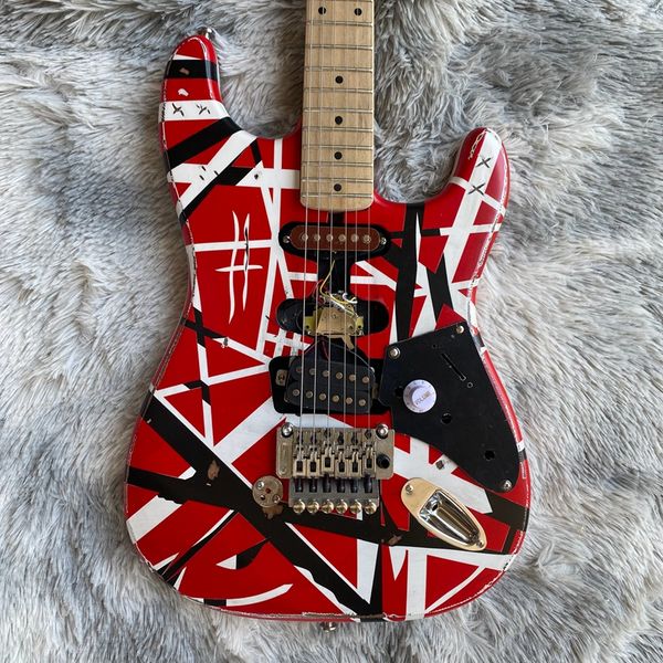 

heavy relic eddie edward van halen red franken stein st electric guitar black white stripes, floyd rose tremolo bridge & whammy bar, mahogan