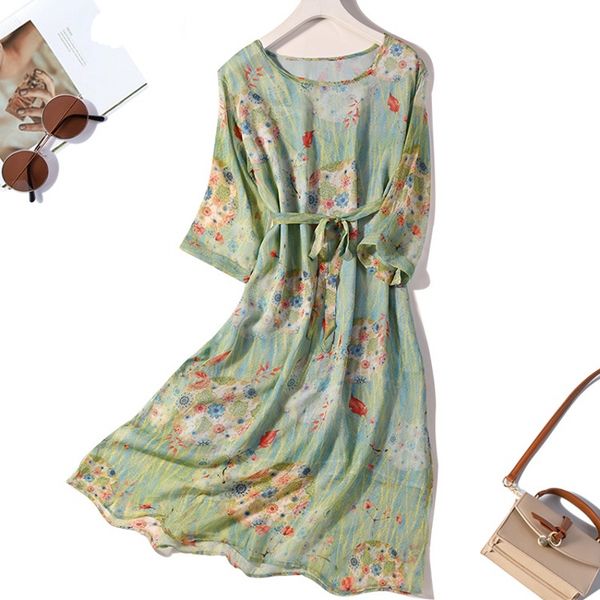 

women 100% mulberry silk printed midi dress with lining half sleeve crew neck belted waist long dress, White;black