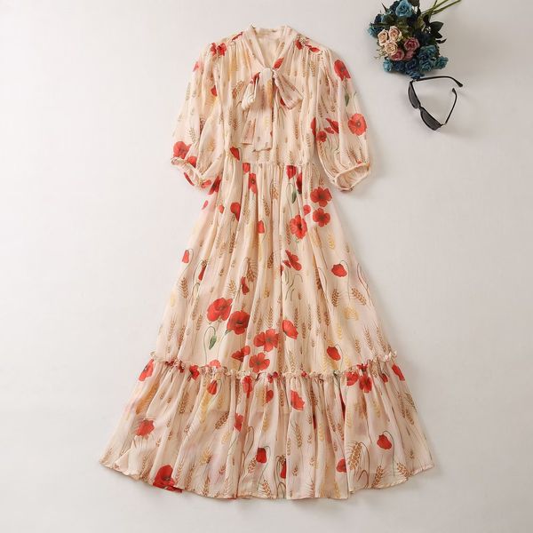 

european and american women's clothes 2023 spring new five-point sleeve bow collar red flower print fashion pleated dress xxl, Black;gray
