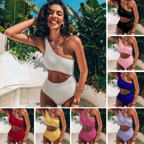 

swimsuit bikini women one shoulder piece high waist solid color, White;black