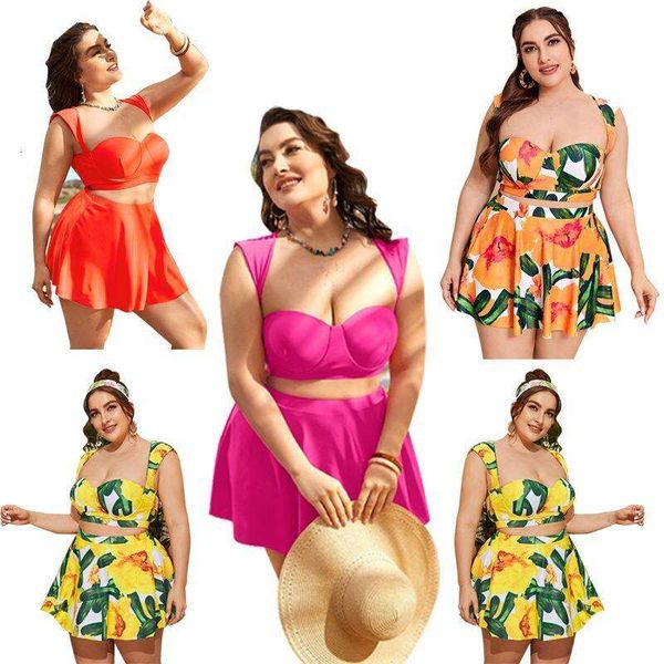 

plus size swimsuit girls split triangle set beach print bikini, White;black