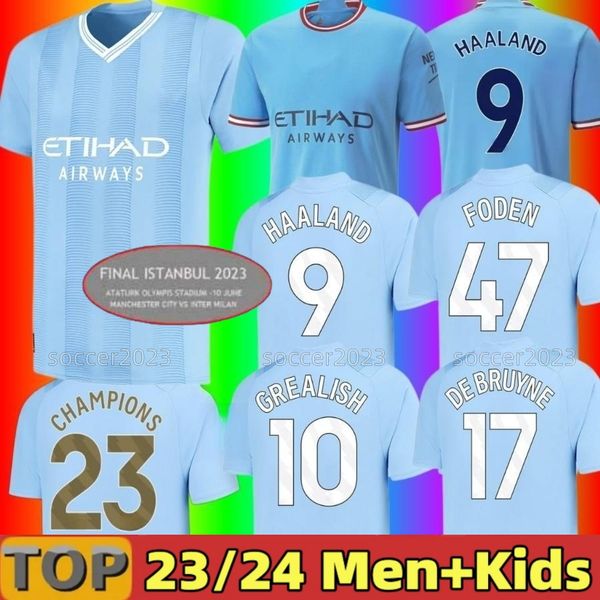 

2023 haaland soccer jersey 22 23 24 de bruyne mans cities grealish mahrez foden 2024 football shirt uniforms men kids kit sets alvarez fans, Black;yellow