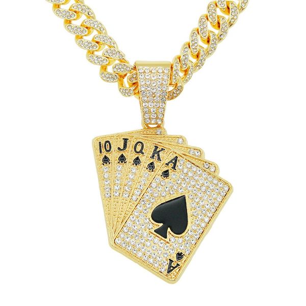 

hip hop crystal poker pendant necklaces with bling 13mm width cuban chain necklace for men iced out jewelry, Silver