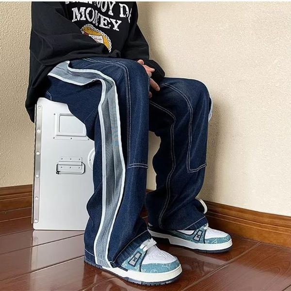

men's jeans 2023 patchwork elastic waist baggy men pants y2k clothes sweatpants male hip hop drawstring denim trousers vetement homme, Blue
