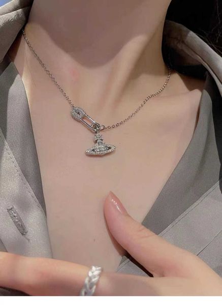 

small luxurious planet pin necklace fashionable and versatile western empress dowager saturn diamond inlaid advanced earrings women fashion, Silver