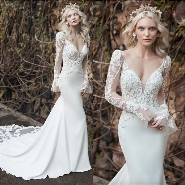 

charming beaded lace mermaid backless wedding dresses deep v neck long sleeves bridal gowns plus size satin robe de mariee, White