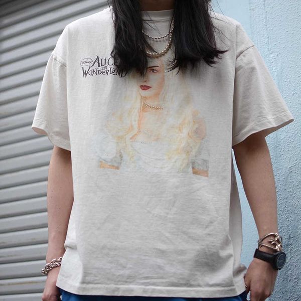 

ef82 new style t-shirts for men and women fashion designer saint michael hip hop vintage vintage alice wonderland printed short sleeved tren, White;black