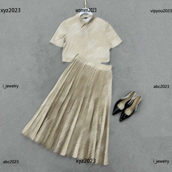 

luxury woman designer dress set two piece dress single breasted short sleeved shirt and classic printed pleated skirt #multiple product, White