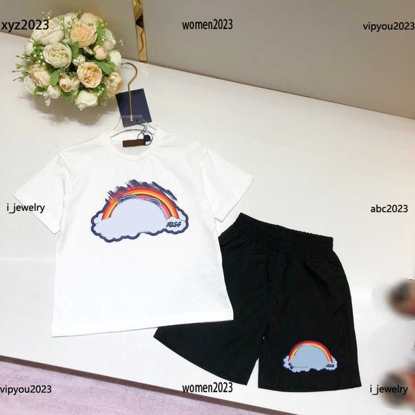 

2023 kids tracksuits designer baby summer suits 2pcs rainbow cloud pattern printed t-shirt and elastic waist shorts #multiple product, White