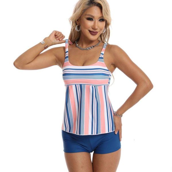 

tankini striped printed swimwear belly covered slimming large size two piece boxer swimsuit female bikini, White;black