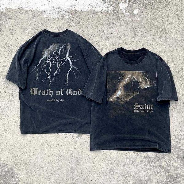 

4l3y new style t-shirts for men and women fashion designer saint michael cho thunder wrath american wash vintage short sleeve, White;black