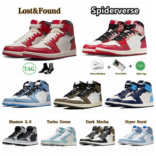 

jumpman 1 1s basketball shoes spider-verse spiderverse lost and found unc obsidian turbo green unlverslty blue dark mocha sneakers for men w