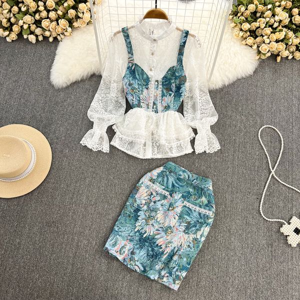 

two piece dress 2023 runway autumn 3 piece set women's mesh embroidery blouses + crop vest + floral print jacquard mini skirt suit, White
