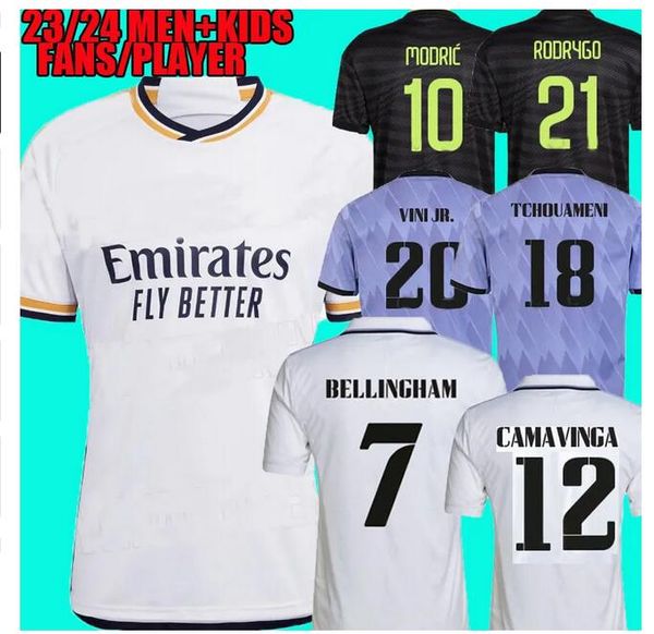 

2023 bellingham soccer jerseys tchouameni 22 23 24 football shirt camavinga alaba modric valverde camisetas men kids kit uniforms vini jr fa, Black;yellow