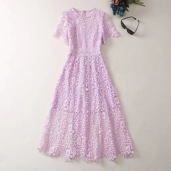 

european and american women's clothes 2023 spring new short sleeve round neck fashion purple lace pleated dress xxl, White;black
