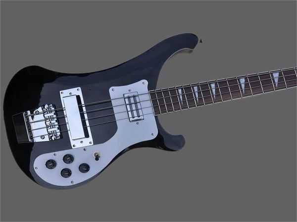 

4-string black electric guitar with white pickups, rosewood fretboard