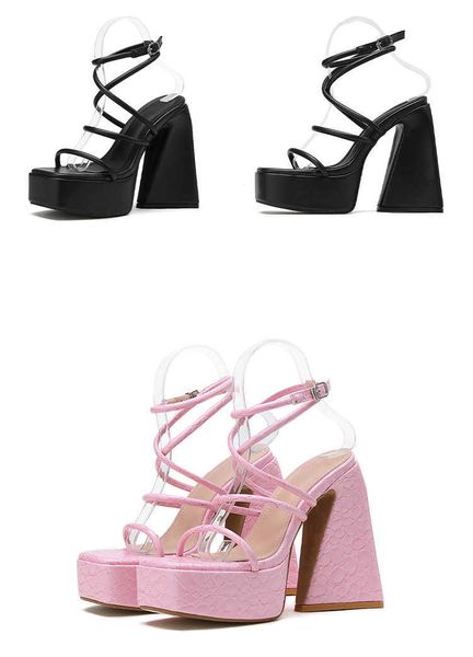 

woman sandals green pink ankle buckle strap woman 2023 new narrow band platform nightclub banquet high heels female shoes 230511, Black