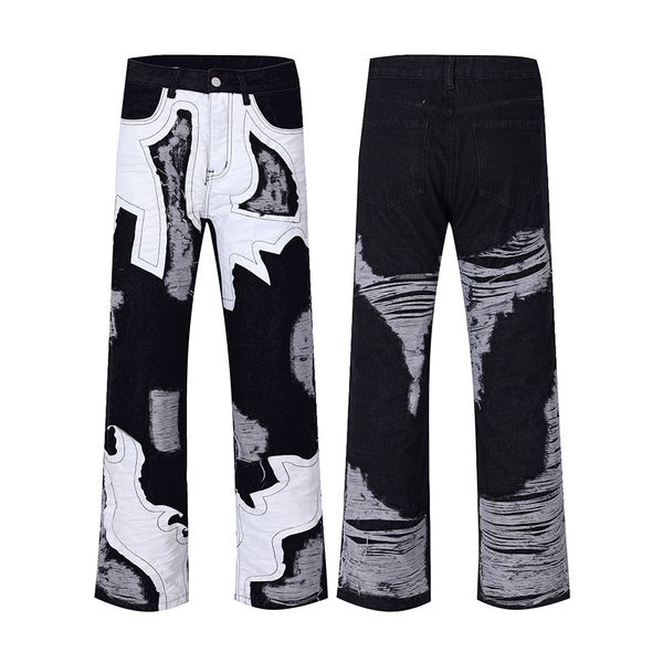 

2023 pu leather patchwork hole cut ripped jeans pants men's straight baggy casual denim trousers oversized cargos, Black