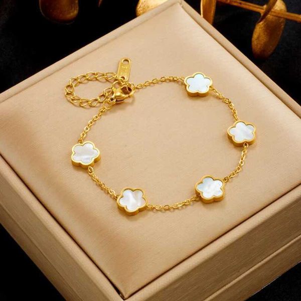 

new luxury both side flower charm bracelet for women gift gold color stainless steel clover jewelry birthday party, Black