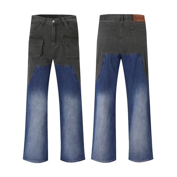 

streetwear gradient contrast color baggy men's jeans pants oversized patchwork pockets loose casual denim trousers, Black;brown