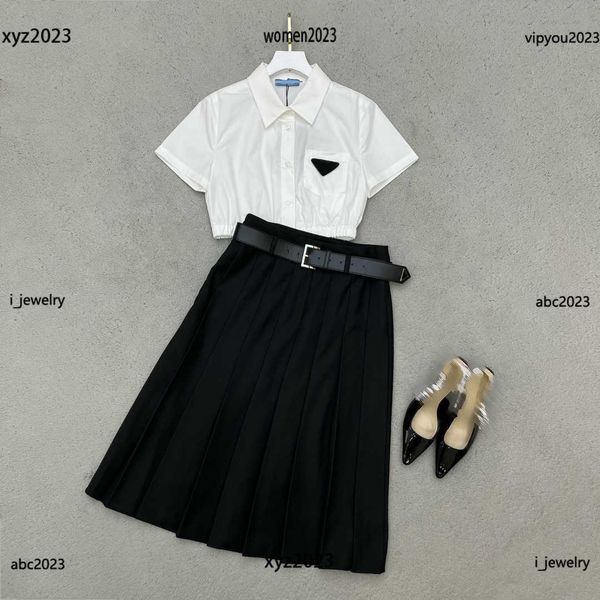 

luxury woman designer dress set fashion summer suit two piece dress size s-l short sleeved shirt and pleated long skirt with belt, White