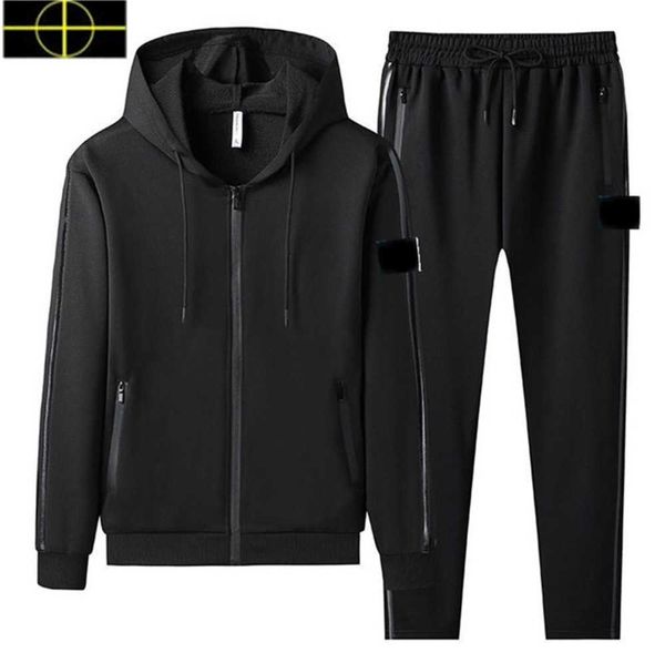 

spring and autumn men's tracksuits fashion classic stone island jacket solid casual sports suit is land men's two piece hooded zip, Black;brown