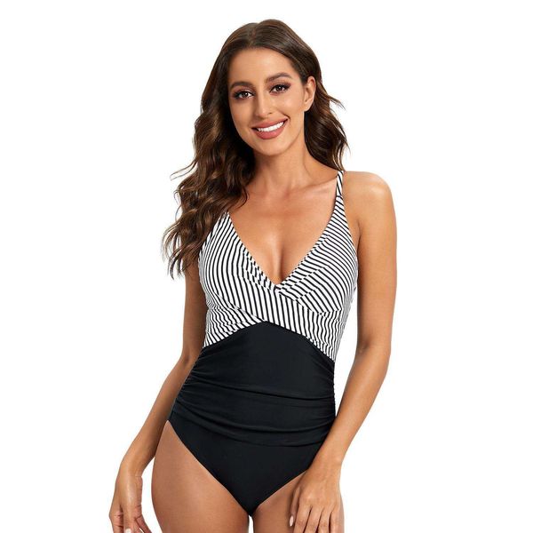 

swimsuit womens striped spaghetti straps one piece backless triangle swimwear, White;black