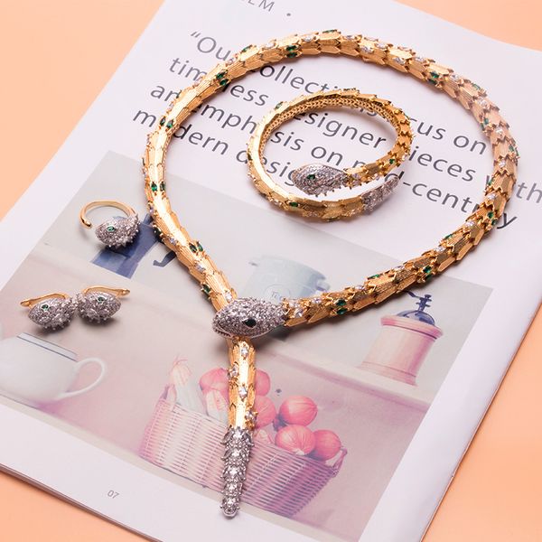

fashion pink green gold snake chain diamond pendants choker long necklaces for women set mom girls designer jewelry ring party christmas wed, Golden;silver