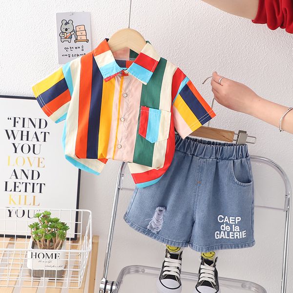 

toddler baby boys clothes set new summer cute cartoon fashion children color stripe shirt+shorts kids tracksuits, White