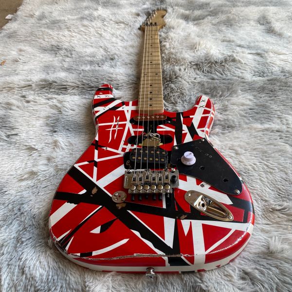 

electric guitar edward eddie van halen black white stripe red heavy relic maple neck, floyd rose tremolo made in china beautiful