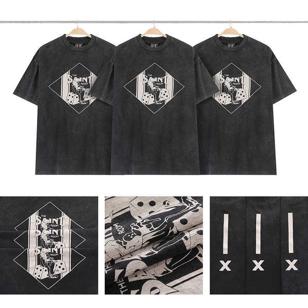 

yffj new style t-shirts for men and women fashion designer saint michael washed damaged vintage trendy crap cracked print short sleeve, White;black