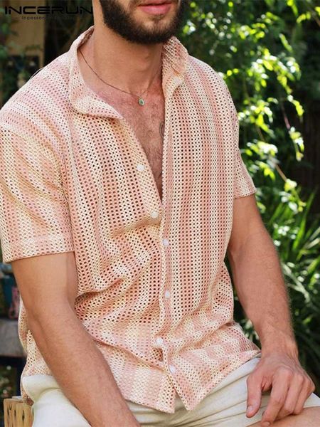 

men striped shirt mesh see through summer lapel short sleeve button camisas 2023 streetwear fashion casual men clothing, White;black