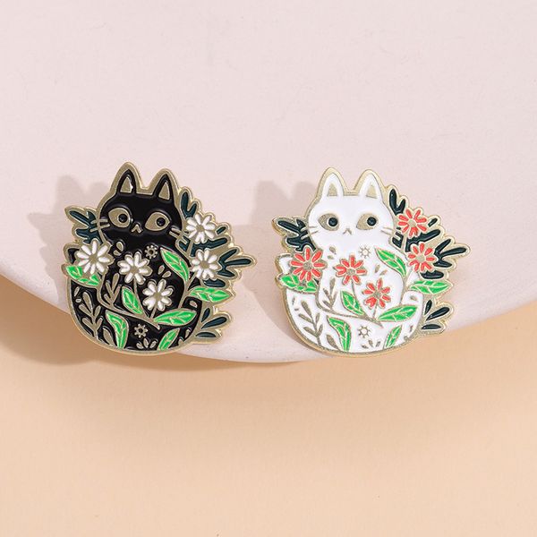 

black and white cat plant floral brooch cute anime movies games hard enamel pins collect metal cartoon brooch backpack hat bag collar lapel, Blue