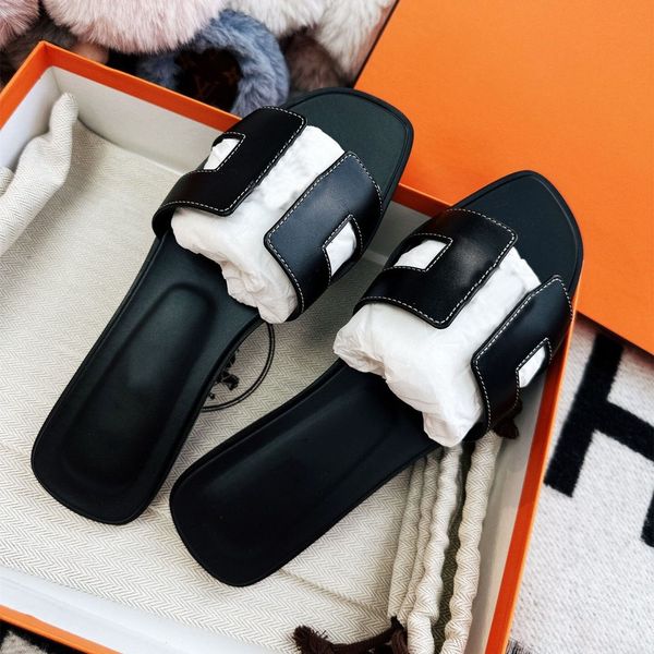 

designer h slippers oran sandals for women ladies summer casual fashion luxury classic flat leather solid home beach slides shoes with dust, Black