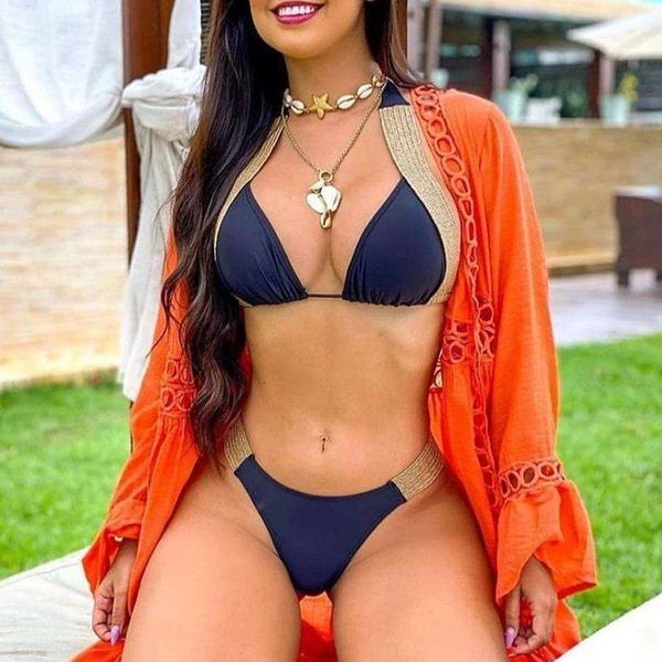 

siman halter banded bikini flash gold board strap swimsuit for women, White;black