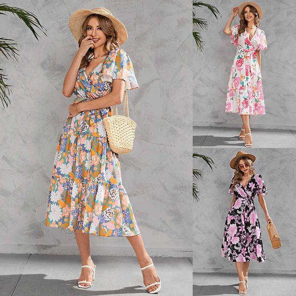 

women's summer printed v-neck waist closing medium long short sleeved dress, Black;gray