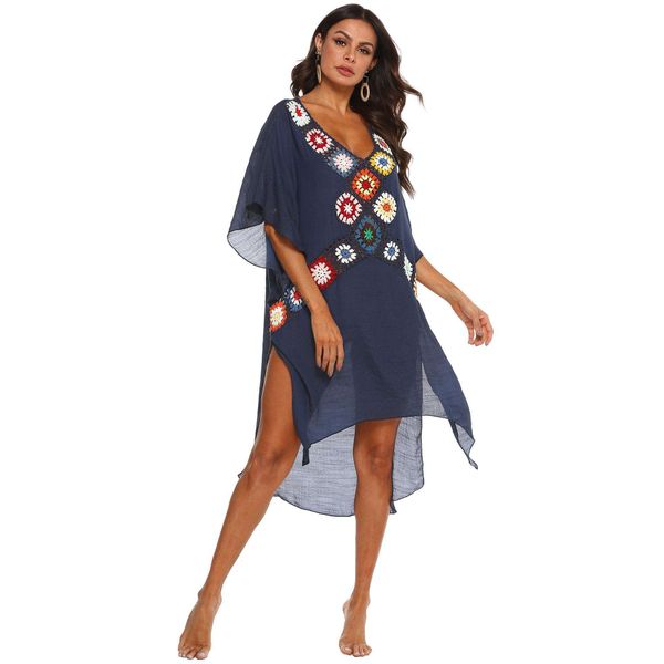 

womens swimwear deep v hand crocheting stitching beach bikini blouse irregular slit dress, White;black