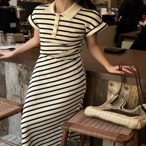 

european fashion brand vintage striped polo midi dress, Black;gray