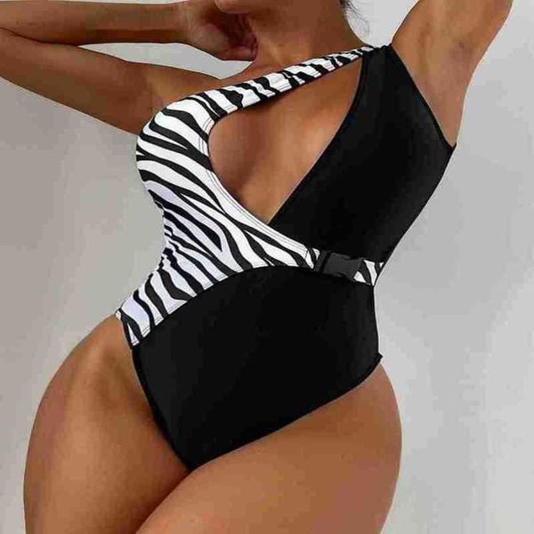 

women's swimwear summer one-shoulder one-piece swimsuit zebra black plain cloth patchwork belt buckle bikini 8ov3m0ggv2hw, White;black