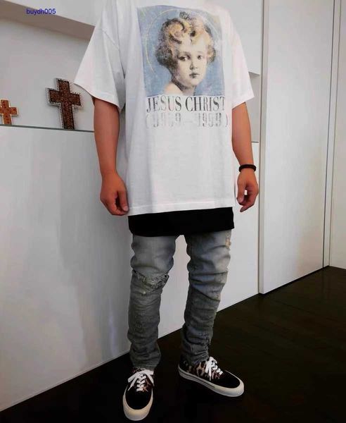 

3gfe new style t-shirts for men and women fashion designer s.t michael angel letter print distressed short sleeve high street loose american, White;black