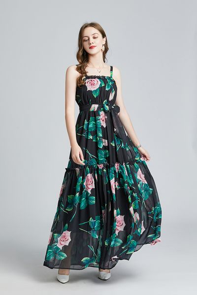 

2023 casual dresses fashion summer runway spaghetti strap maxi dress women's ruffles rose flower print elastic waist chiffon long dress, Black;gray