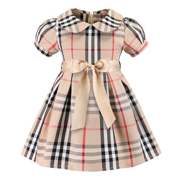 

girls' plaid dress doll neck tie up cotton lantern sleeves children's dress summer small and medium-sized children's clothing, Red;yellow