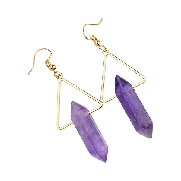 

simple design gold alloy triangle with healing natural gemstone hexagonal column pendant earring for women, Silver