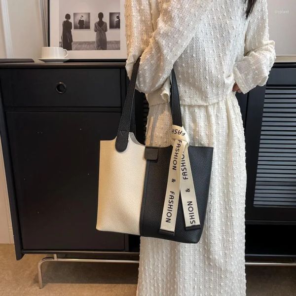 

evening bags simple casual pu leather single shoulder bag female retro fashion splicing bucket ladies hundred large capacity tote
