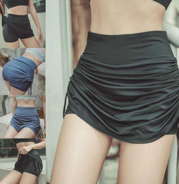 

yoga outfit y1uc women high waist ruched workout mini skirt with inner shorts drawstring skorts4226008